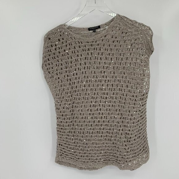 Eileen Fisher crochet mesh sleeveless sweater sequin tan taupe XS PETITE XSP - Picture 1 of 5